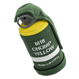 carbon hound Mutt-18 M18 smoke grenade dog toys with treat cavity open showing dog treats in heavy canvas for aggressive chewers close up