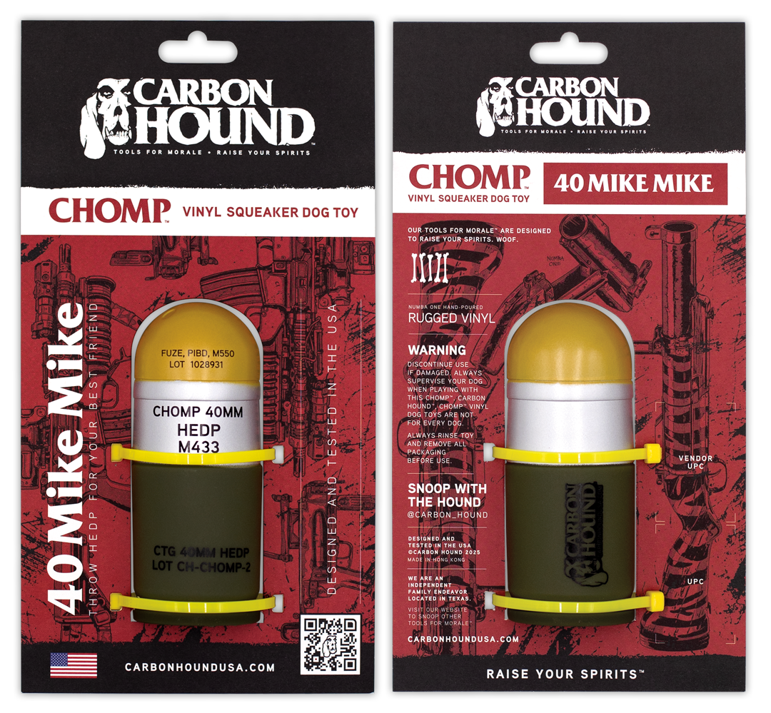 a pair of carbon hound 40 Mike Mike 40mm grenade replica rubber dog toy shown in their packaging