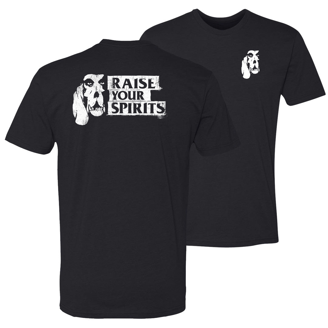 a front and back view of a black short-sleeve t-shirt shown on a white background, with the back view in front and the front view behind. The back shirt features a large white graphic of carbon hound's basset hound skull with the text 'RAISE YOUR SPIRITS' across the back and carbon hounds skull logo on the front of the shirt on the left breast