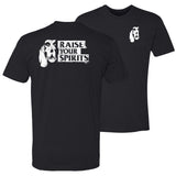 a front and back view of a black short-sleeve t-shirt shown on a white background, with the back view in front and the front view behind. The back shirt features a large white graphic of carbon hound's basset hound skull with the text 'RAISE YOUR SPIRITS' across the back and carbon hounds skull logo on the front of the shirt on the left breast