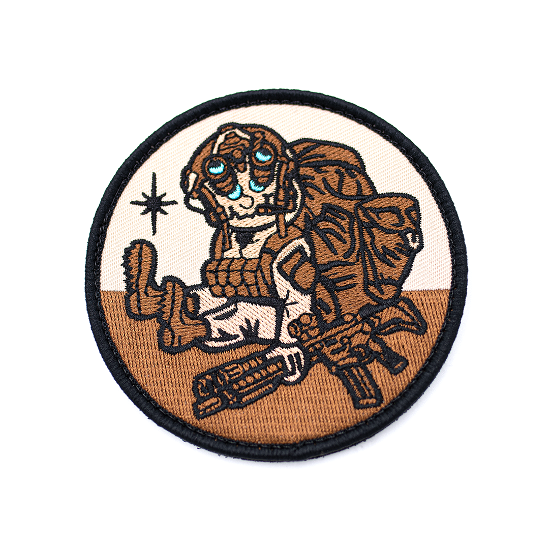 carbon hound a date with alice morale patch embroidered artwork on a circular patch on a white background