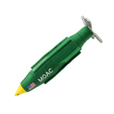 an image of the Carbon Hound MOAC dog toy which is a scale replica of the MOAB military bomb which is green, yellow and white with the word MOAC embroidered on the side, with an American flag