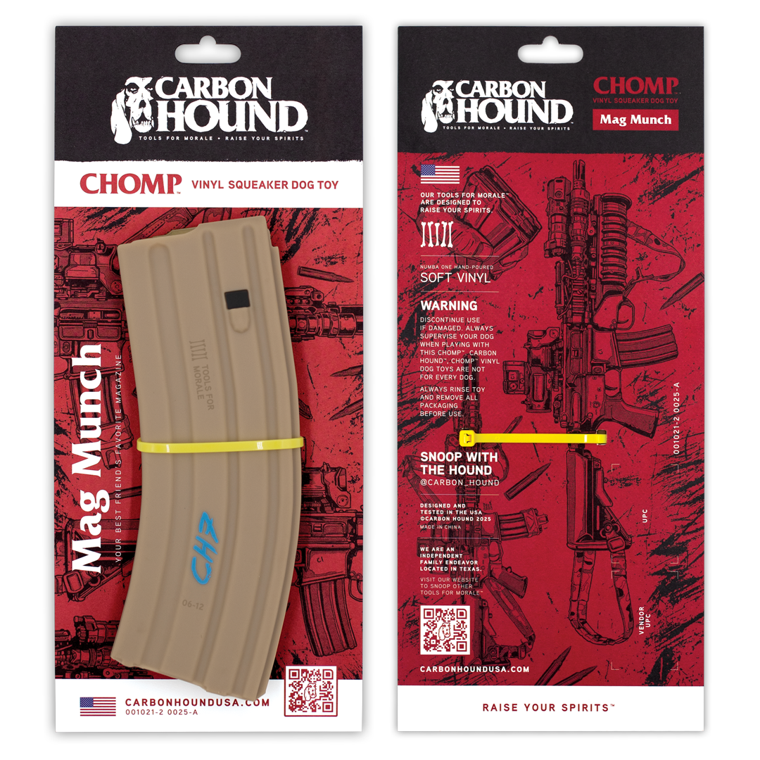 carbon hound mag munch tan 30 round rifle magazine rubber dog toy shown in its packaging