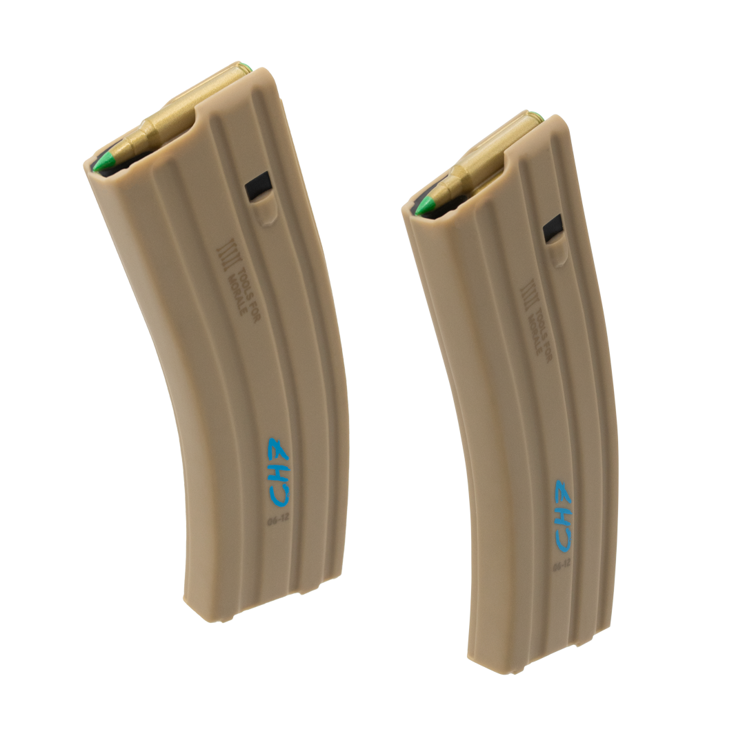 a pair of carbon hound mag munch tan 30-round rifle replica dog toys in natural rubber for heavy chewers