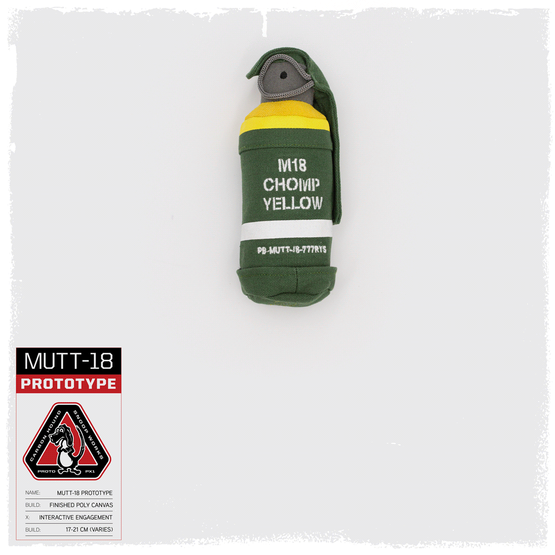 animated gif of carbon hound Mutt-18 M18 smoke grenade dog toy with treat cavity opening and revealing dog treats