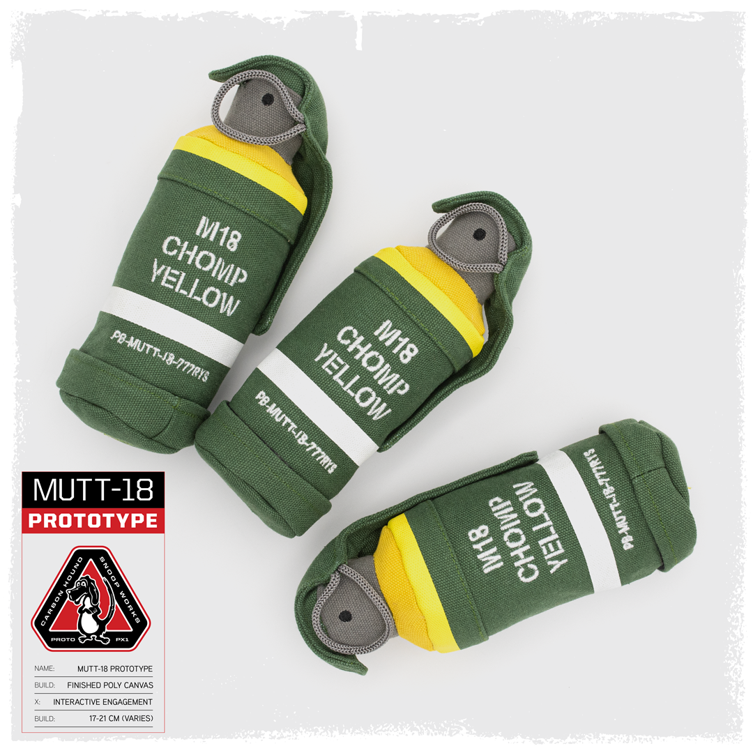 three carbon hound Mutt-18 M18 smoke grenade dog toys with treat cavity heavy canvas for aggressive chewers
