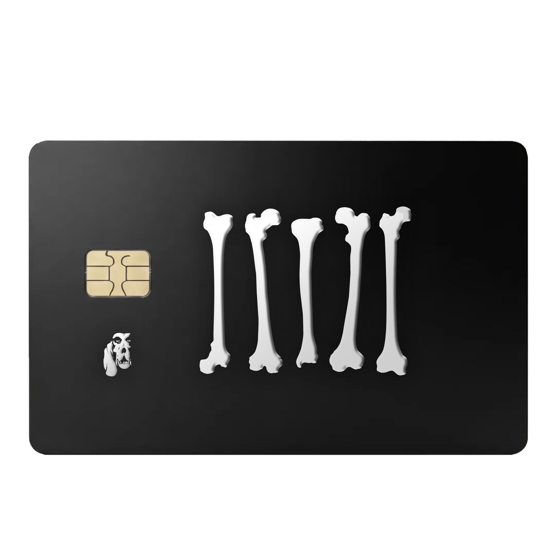 an image of carbon hound's gift card referred to as BONES, shown as a black credit card style card with carbon hounds rebel bones logo on it, with the gold chip on it