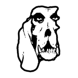carbon hounds woof hound logo icon in black and white, which is a dog skull with teeth, eyes and a long ear on the left side of the image